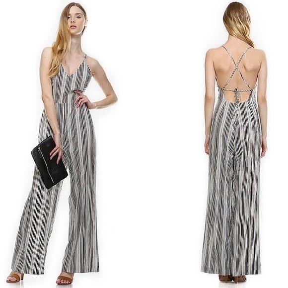 NWT Leshop Cross Back Pinstriped Jumpsuit - Picture 2 of 9